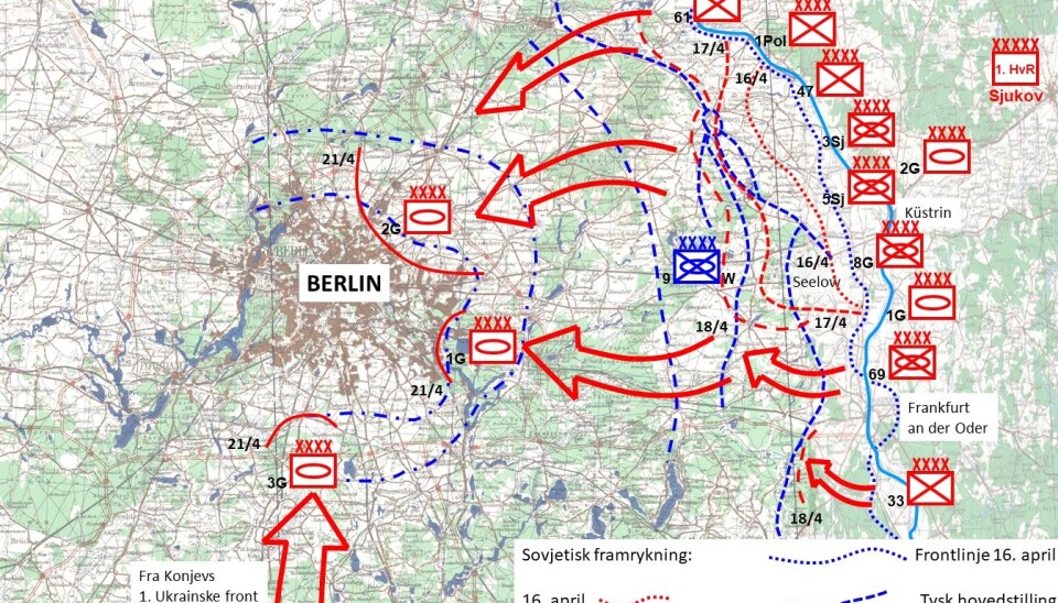SEELOW-HØYDENE: Kart over Seelow-høydene og den sovjetiske fremrykkingen mot Berlin i aprildagene 1945.