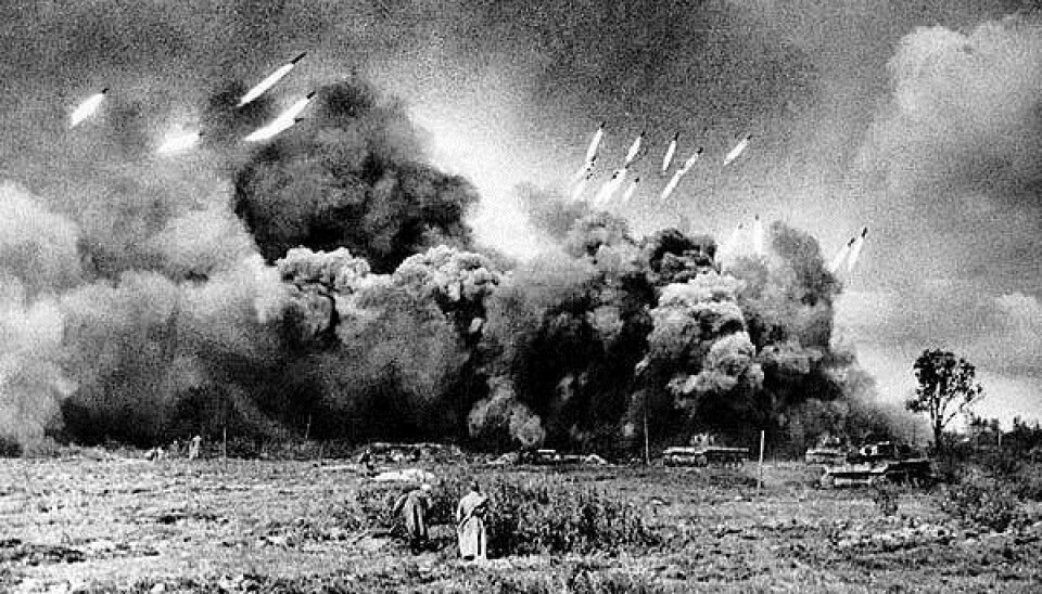 BOMBEREGN: Sovjeterne stilte opp 3200 Katsjusj-rakettkastere under slaget om Seelow-høydene.
