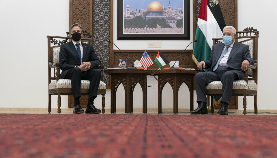 MØTE: USAs utenriksminister Antony Blinken i samtale med palestinernes president Mahmoud Abbas i Ramallah.