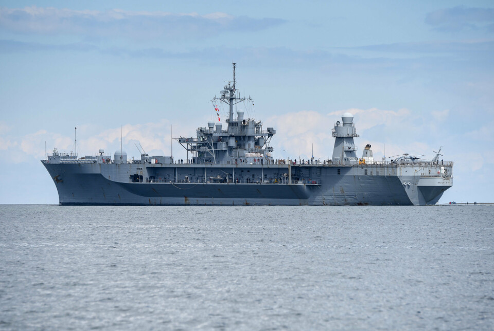 USS Mount Whitney utenfor Kiel i Tyskland. Nå kommer fartøyet til Norge.