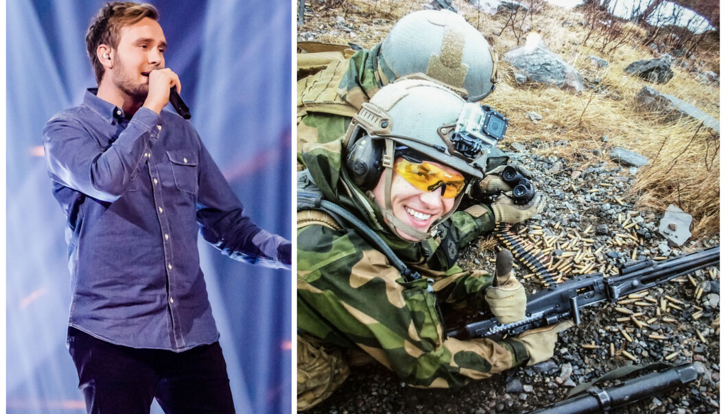 SANGER: HV-soldaten Erlend Gunstveit vant «The Voice». Til venstre er han på scenen under konkurransen, og til høyre under tiden ved Heimevernets befalsskole på Porsangermoen våren 2015. SANGER: HV-soldaten Erlend Gunstveit vant «The Voice». Til venstre er han på scenen under konkurransen, og til høyre under tiden ved Heimevernets befalsskole på Porsangermoen våren 2015.