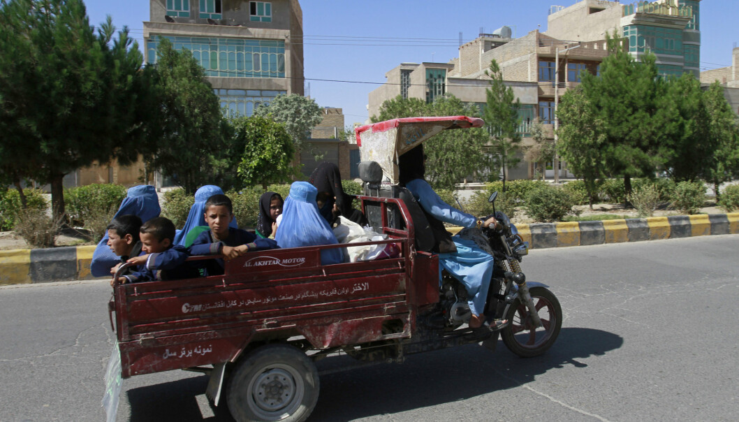 Afghanske kvinner og barn forsøker å komme seg unna kampene i Herat-provinsen vest for Kabul.