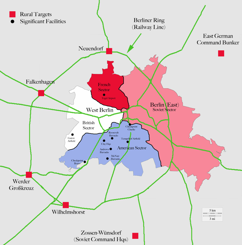 Kartet syner nokre av dei viktigaste «direct action» måla på jarnbanelinja rundt Berlin.