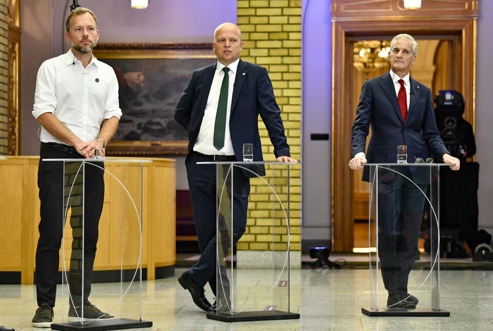 FLERTALL SAMMEN: Audun Lysbakken (f.v.), Trygve Slagsvold Vedum og Jonas Gahr Støre dagen etter stortingsvalget.