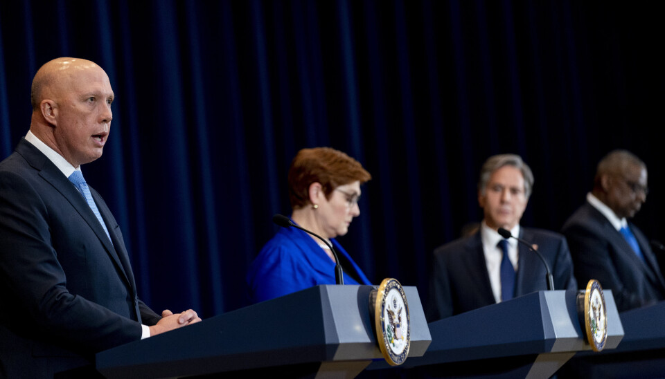 UBÅTSAKEN: Australias forsvarsminister (til venstre) Peter Dutton sammen med utenriksminister Marise Payne og deres amerikanske motparter Antony Blinken og Lloyd Austin på en pressekonferanse i Washington torsdag.