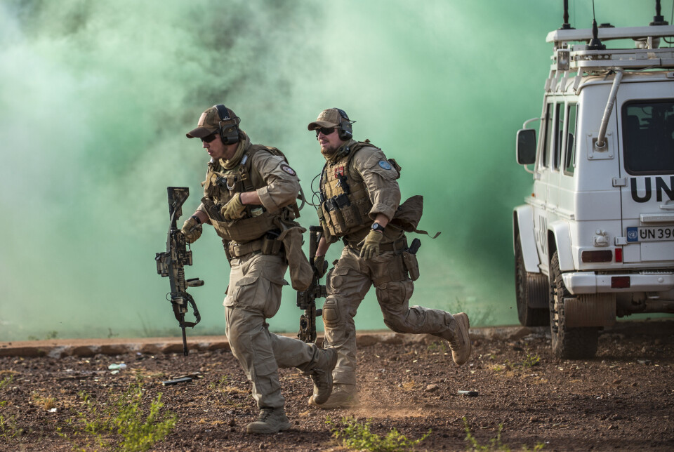 MALI: Norske soldater fra High Readiness Force stod for sikkerheten om bord i Hercules-flyet og i Camp Bifrost i Mali. Bildet er fra en treningscase i 2016.
