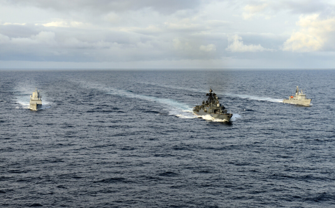 ØVELSE: Det russiske skipet Admiral Chabanenko (i midten) på øvelse i Barentshavet sammen med KNM Fridtjof Nansen og KV Senja. ØVELSE: Det russiske skipet Admiral Chabanenko (i midten) på øvelse i Barentshavet sammen med KNM Fridtjof Nansen og KV Senja.