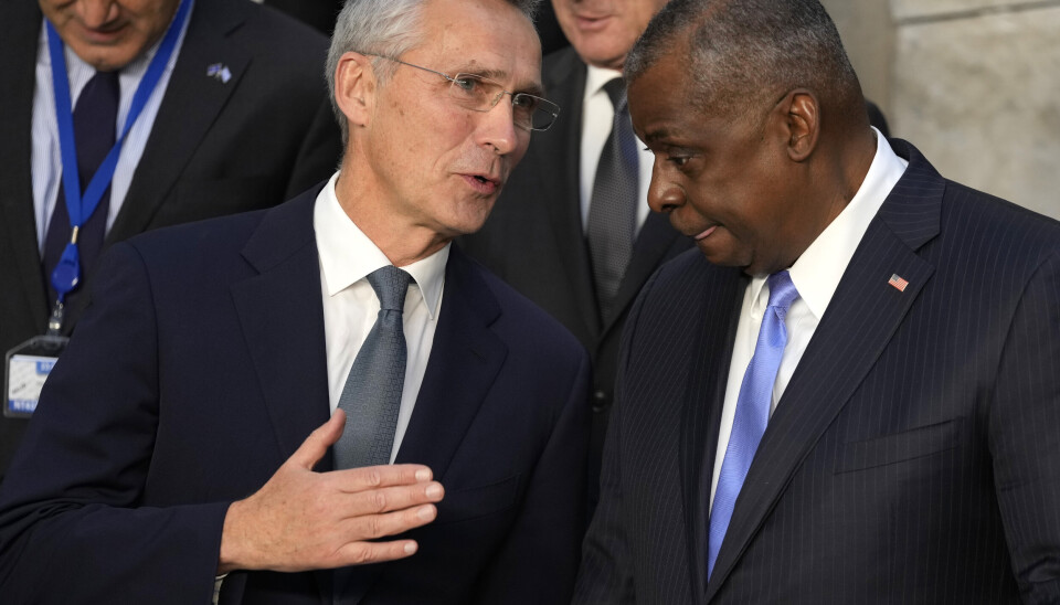 MASTERPLAN: Jens Stoltenberg og Lloyd Austin i Nato-hovedkvarteret i Brussel. Utenriksministrene i Nato ble torsdag enige om en masterplan for forsvar av alliansen.