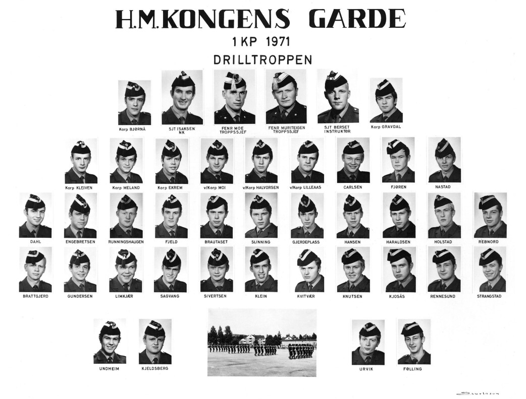 KONTINGENT 1971: Etter 3 måneder rekruttskole på Trandum ble disse valgt ut som drillgardister. KONTINGENT 1971: Etter 3 måneder rekruttskole på Trandum ble disse valgt ut som drillgardister.