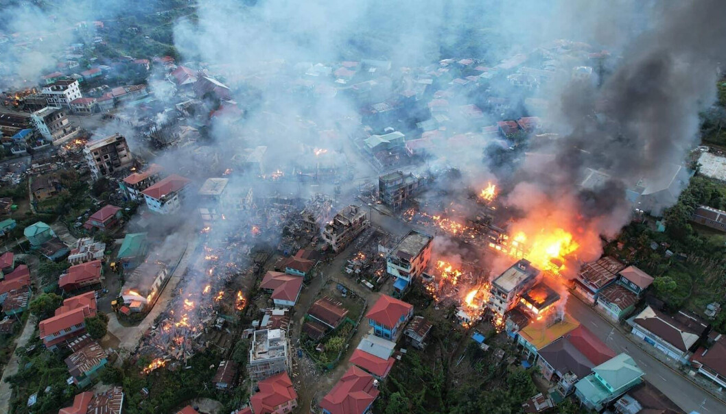 MYANMAR: Branner i byen Thantlang i Chin-delstaten i Myanmar i et bilde offentliggjort av Chin Human Rights Organization. MYANMAR: Branner i byen Thantlang i Chin-delstaten i Myanmar i et bilde offentliggjort av Chin Human Rights Organization.