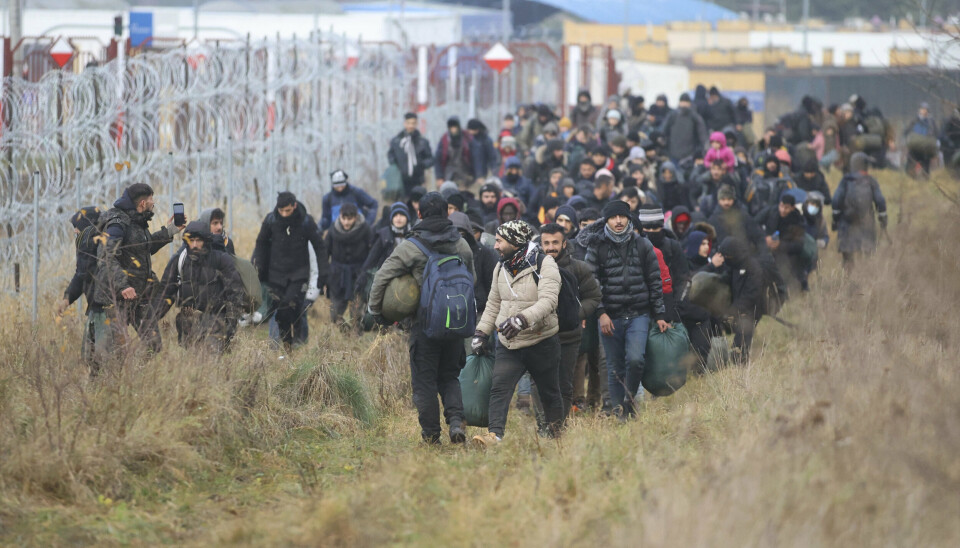 PÅ GRENSEN: Migranter og flyktninger går langs piggtrådgjerdet på grensen mellom Polen og Hviterussland fredag.