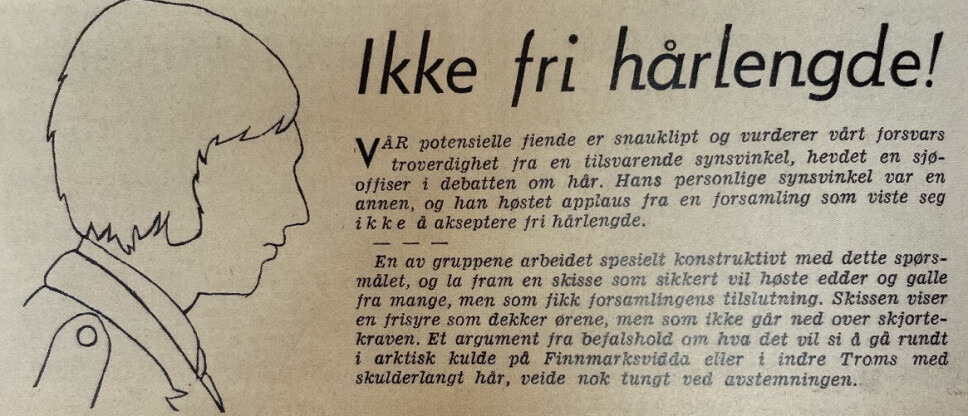 ROCKESVEIS: Mannskapsavisa presenterer denne skisse på forsiden. Den er tegnet av en soldat-tillitsvalgt under en gruppesamling på landskonferansen for tillitsvalgte i 1971. Tegningen distribueres deretter til alle avdelinger i Forsvaret. Dette blir den nye maks-grensen for soldatfrisyre fra 1972.