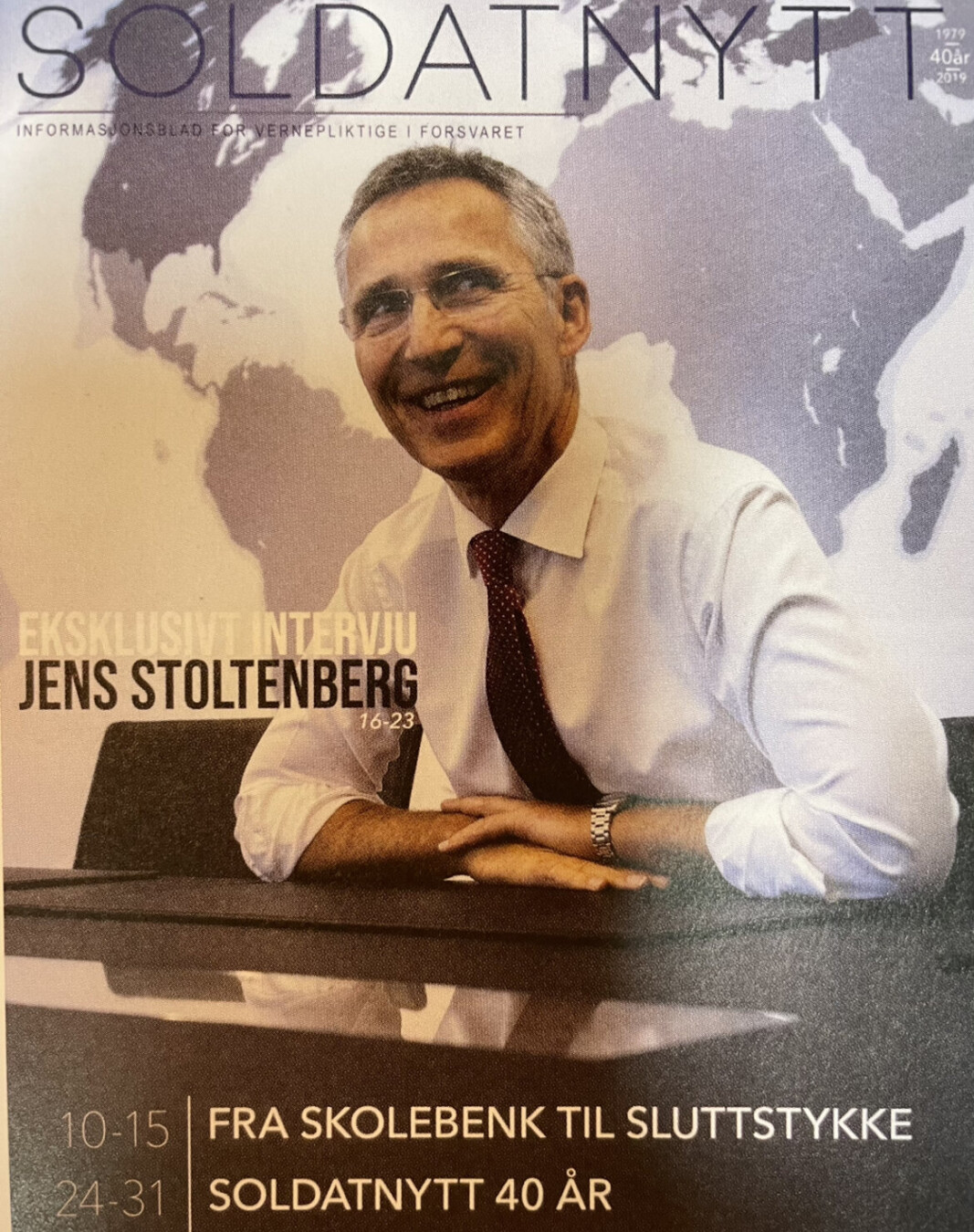 Nato-sjef Jens Stoltenberg preger forsiden da Soldatnytt markerer sitt 40-årsjubileum i 2019. Nato-sjef Jens Stoltenberg preger forsiden da Soldatnytt markerer sitt 40-årsjubileum i 2019.