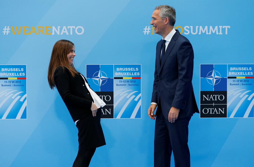 ISLAND OG NATO: Statsminister Katrin Jakobsdottir møter generalsekretær Jens Stoltenberg i forbindelse med Nato-toppmøtet i Brussel i 2018.
