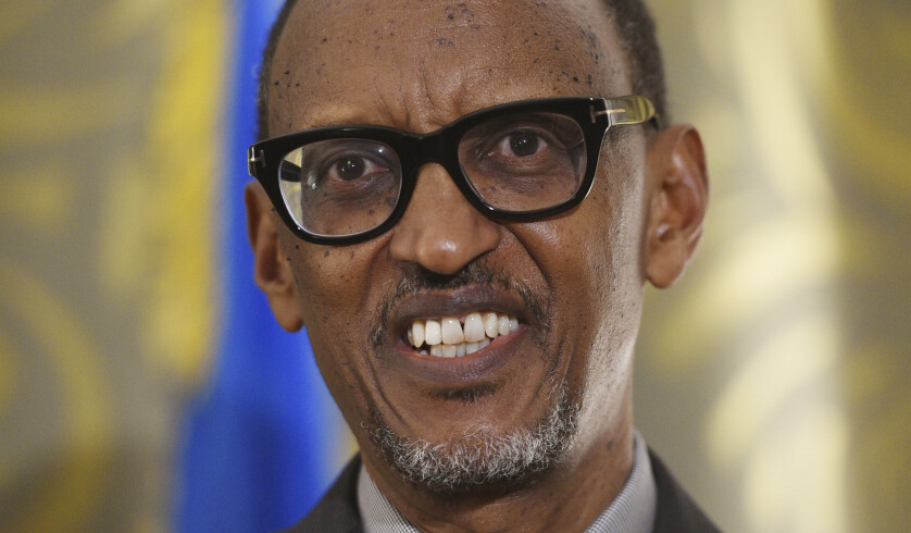 Rwandan President Paul Kagame looks on as he meets with Premier-designate of Quebec Francois Legault in Yerevan, Armenia, on Wednesday, Oct. 10, 2018. (Sean Kilpatrick/The Canadian Press via AP)