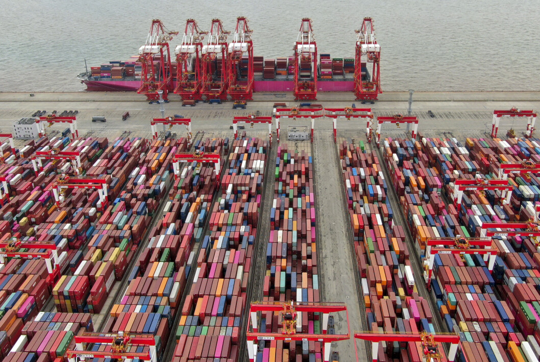 HANDEL: Dette biletet frå containter-havna i Shanghai i Kina, er datert 10. juli 2021. HANDEL: Dette biletet frå containter-havna i Shanghai i Kina, er datert 10. juli 2021.
