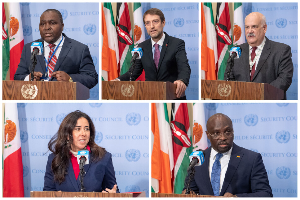 NYE MEDLEMMER: Fem nye FN-ambassadører overtok tirsdag plassene i FNs sikkerhetsråd. Fra øverst t.v.: Michel Xavier Biang fra Gabon, Ferit Hoxha fra Albania, Ronaldo Costa Filho fra Brasil, Lana Zaki Nusseibeh fra De forente arabiske emirater og Harold Adlai Agyeman fra Ghana.
