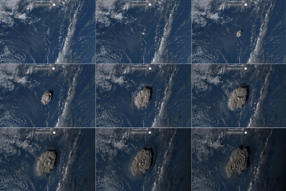 UTBRUDD: Disse satelittbildene viser et undersjøisk vulkanutbrudd utenfor Tonga.