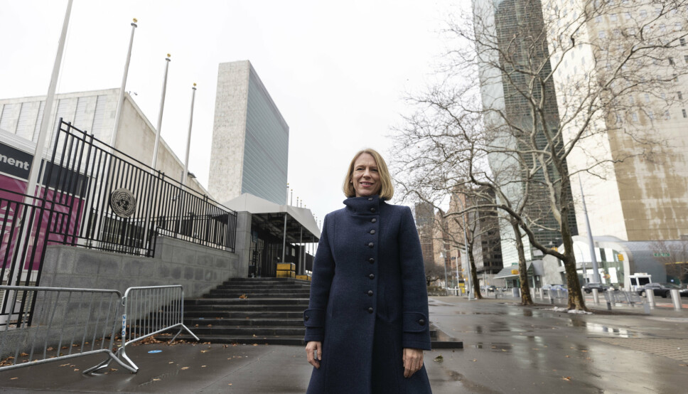NEW YORK: Utenriksminister Anniken Huitfeldt utenfor FN-hovedkvarteret i New York mandag.