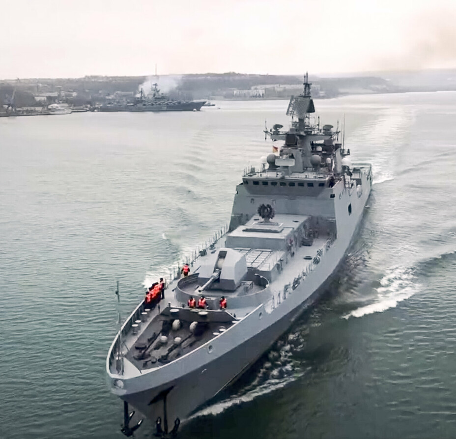 Bildet er fra det Russiske forsvardepartementet og viser frigatten Admiral Essen.