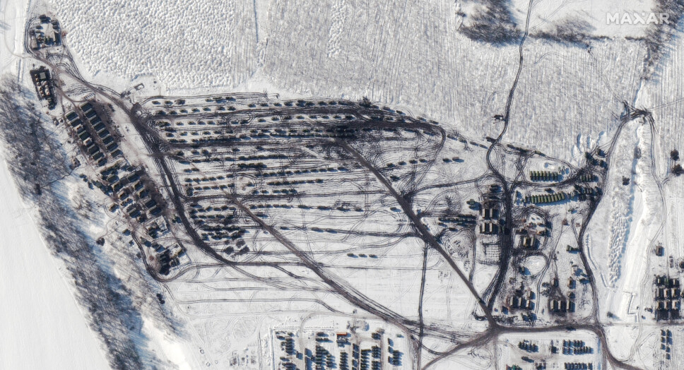 STYRKER: Søndag 13. februar 2022 viser satellittbilde levert av Maxar Technologies en nærmere oversikt over kampgruppen i formasjon i Soloti, Russland, øst for grensen til Ukraina.