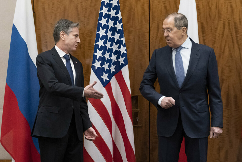 FORRIGE MØTE: USAs utenriksminister Antony Blinken (t.v) møtte den russiske utenriksministeren Sergey Lavrov i Genève, i slutten av januar.