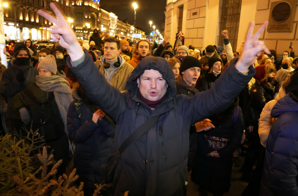 Demonstrators shout slogans in St. Petersburg, Russia, Thursday, Feb. 24, 2022. Hundreds of people gathered in the center of Moscow on Thursday, protesting against Russia's attack on Ukraine. Many of the demonstrators were detained. Similar protests took place in other Russian cities, and activists were also arrested. (AP Photo/Dmitri Lovetsky)