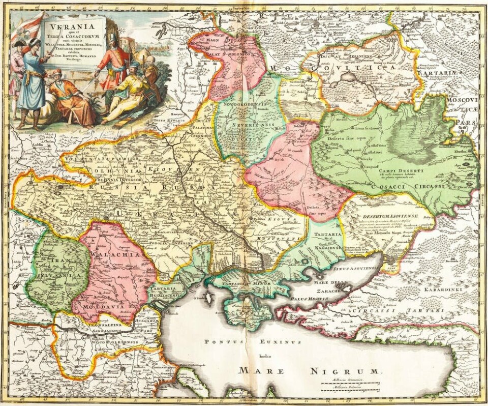 Kart over Ukraina i 1720, som viser landområdene til kosakkene, Krim-khanatet, de ottomanske og russiske imperiene, Det polske-litauiske samveldet, Valakia og Moldova. Ukraina er allerede et anerkjent territorium.