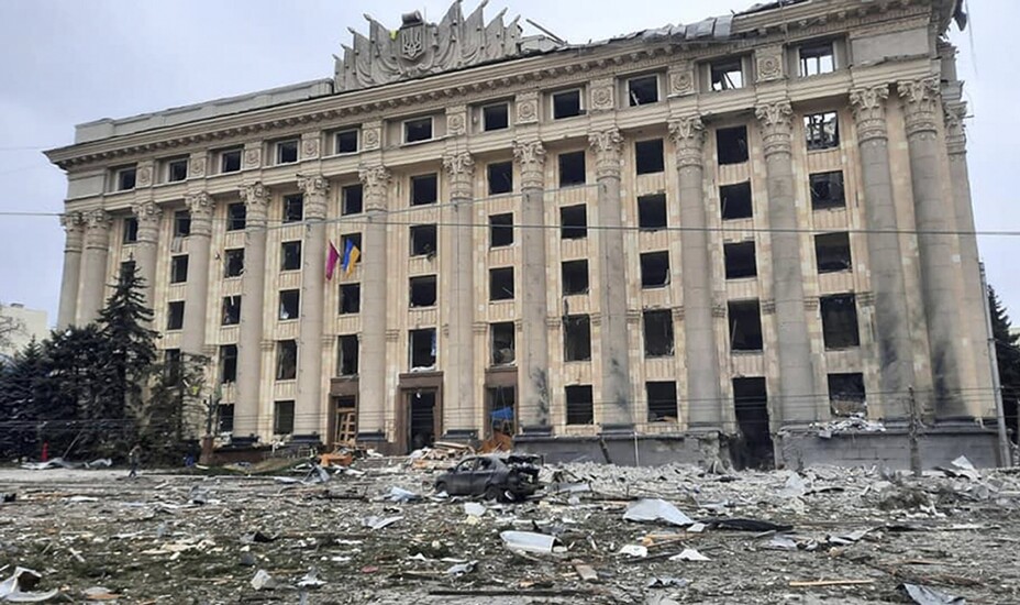 Rådhuset i Kharkiv i Ukraina, 1. mars 2022.