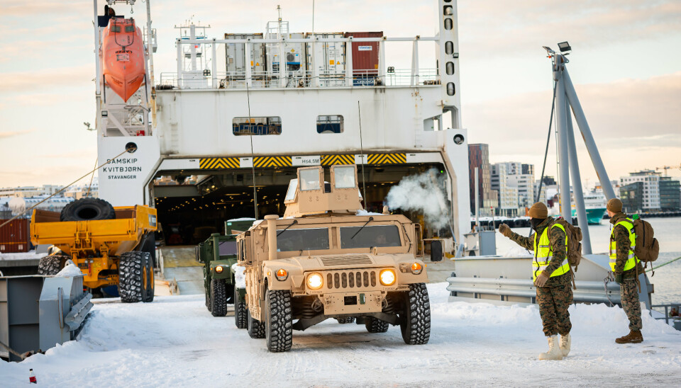 COLD RESPONSE: USA er blant nasjonene som stiller med færre soldater under Cold Response, sier Forsvarets operative hovedkvarter. På bildet er det mottak av amerikansk kjøretøy til Bodø i forbindelse med Cold Response 2022 .