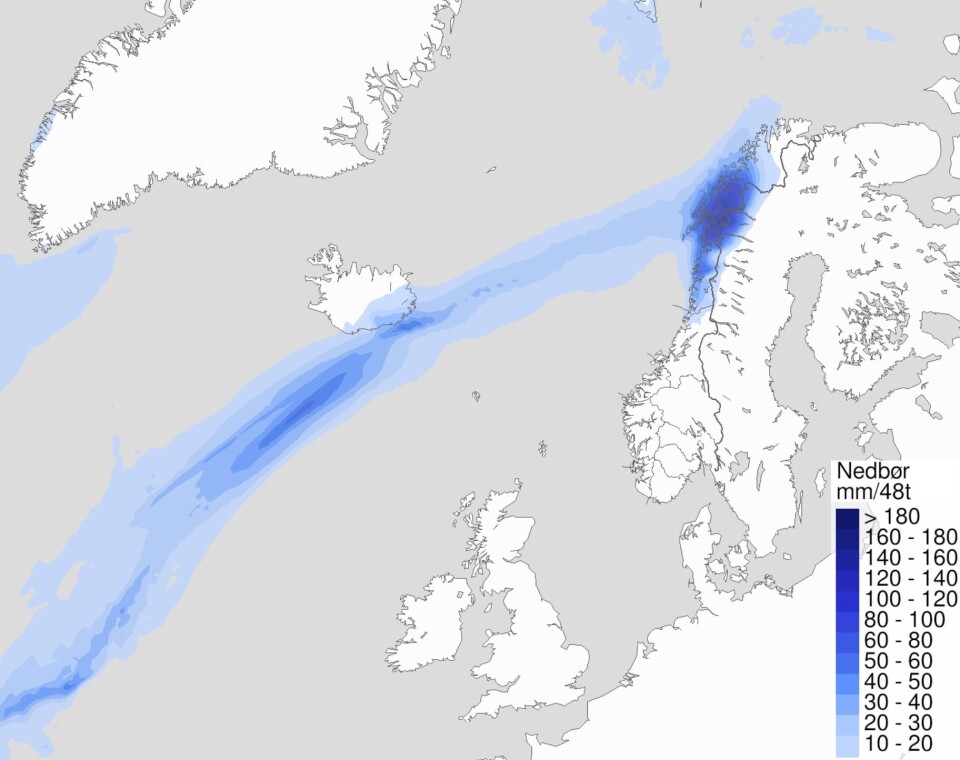 PÅ VEI TIL ØVELSE: En atmosfærisk elv nærmer seg øvelse Cold Response, melder Meteorologisk institutt. Dette værkartet er fra onsdag 16. mars.