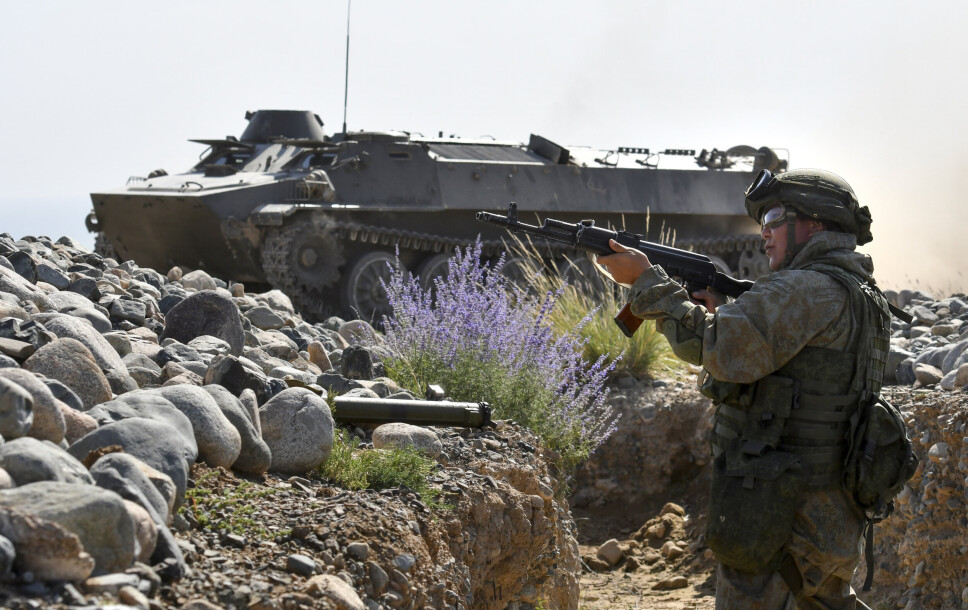 TRENING: Russisk soldat på øvingsfeltet Edelweiss i Kirgisistan, 9. september 2021.