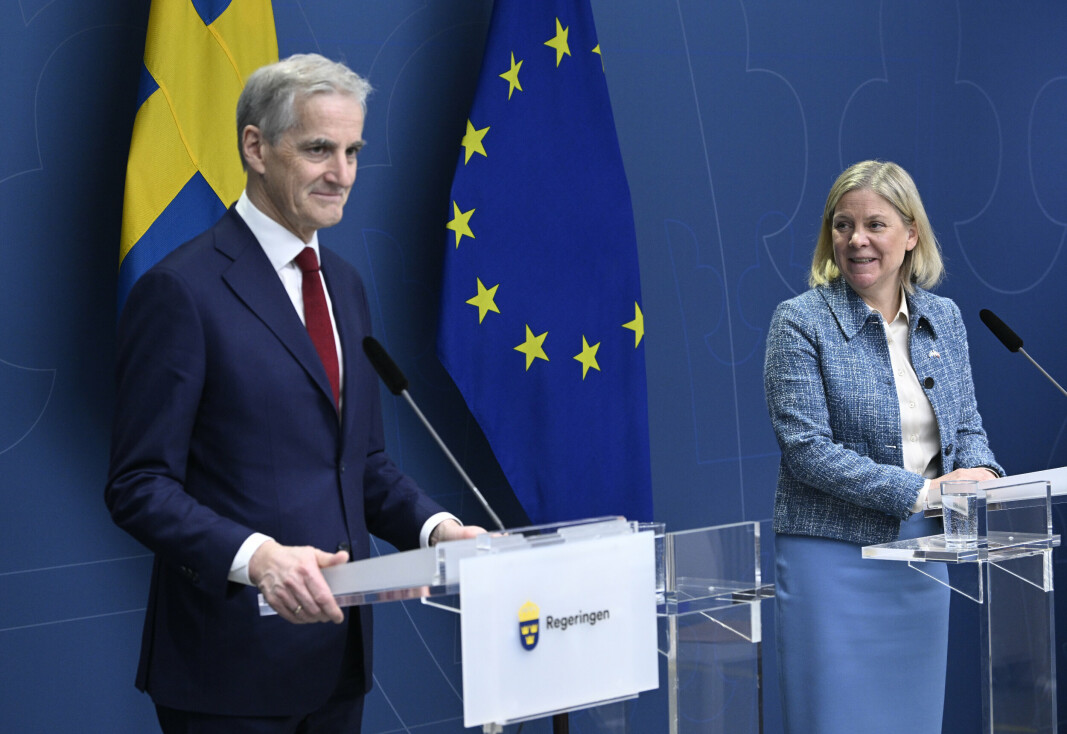 PRESSEKONFERANSE: Sveriges statsminister Magdalena Andersson og Norges statsminister Jonas Gahr Støre under en pressekonferanse i Stockholm.