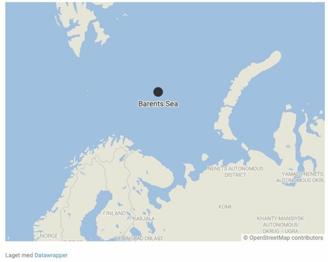 VARSEL: Russland har varslet NOTAM-områder i Barentshavet. Punktet på kartet indikerer hvor Barentshavet er. Forsvarets forum er ikke kjent med koordinatene for selve områdene.