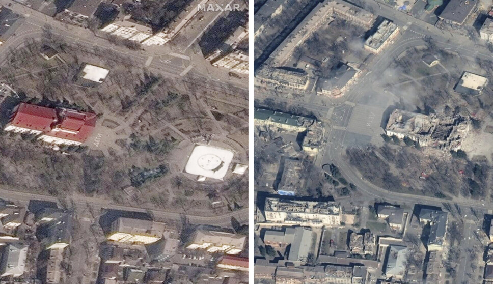 TEATER: Kombinasjonsfoto som viser teaterbygningen i Mariupol 14. mars (til venstre) og den samme bygningen 29. mars, etter at den var blitt bombet 16. mars.