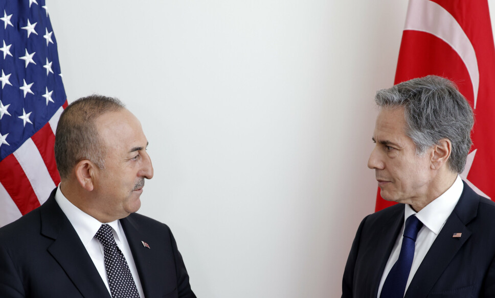 FN MØTE: USAs utenriksminister Antony Blinken møtte den tyrkiske utenriksministeren Mevlut Cavusoglu i FN onsdag 18. mai 2022.