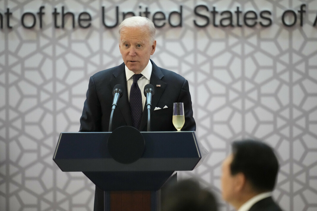 BANNLYST: President Joe Biden under en tale han holdt lørdag i forbindelse med besøket i Sør-Korea.