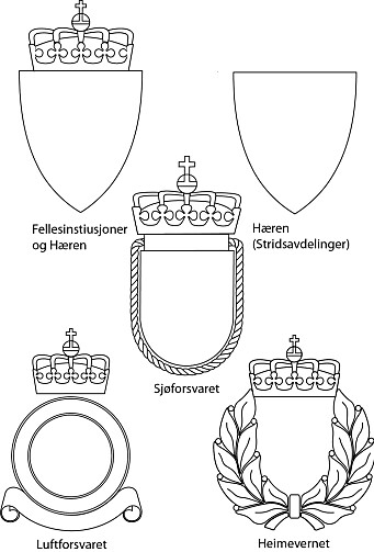 FORSVARSGRENENE: Normer som brukes for de heraldiske våpen fremgår av figuren. Våpnene for fellesinstitusjoner, Sjø- og Luftforsvaret og Heimevernet fører alle rikskronen. I Hæren er merkene for stridformasjoner uten krone. De øvrige enheter i Hæren fører krone. FORSVARSGRENENE: Normer som brukes for de heraldiske våpen fremgår av figuren. Våpnene for fellesinstitusjoner, Sjø- og Luftforsvaret og Heimevernet fører alle rikskronen. I Hæren er merkene for stridformasjoner uten krone. De øvrige enheter i Hæren fører krone.