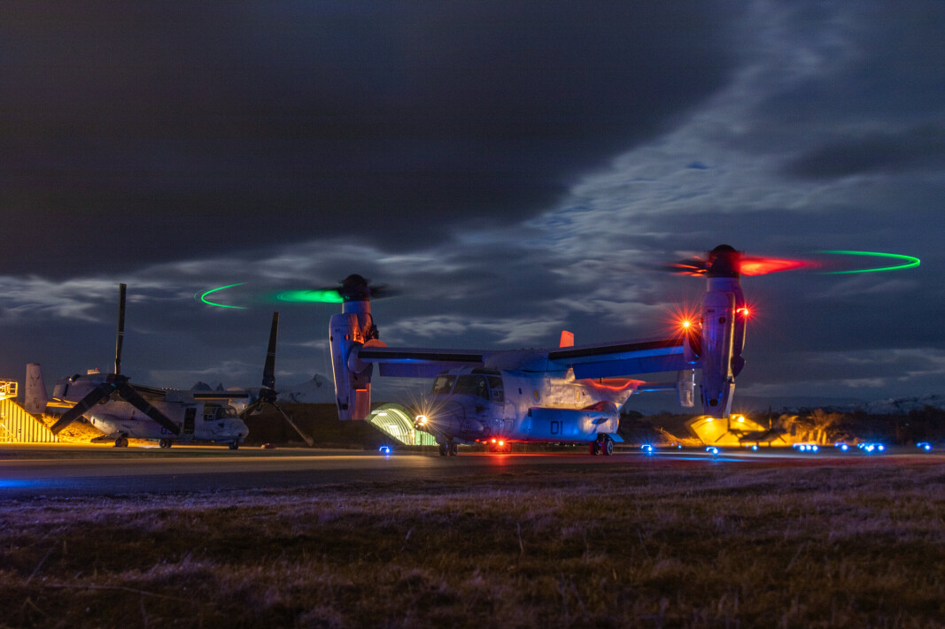 Et amerikansk MV-22B Osprey-fly, samme type som styrtet i Beiarn under Cold Response 22, har styrtet ved Glamis Et amerikansk MV-22B Osprey-fly, samme type som styrtet i Beiarn under Cold Response 22, har styrtet ved Glamis