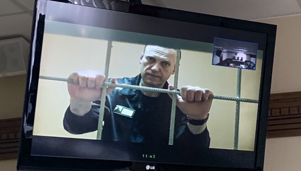 PUTIN-KRITIKER: Den russiske opposisjonslederen Aleksej Navalnyj i en videolenke fra fengselet under et rettsmøte tidligere i juni.