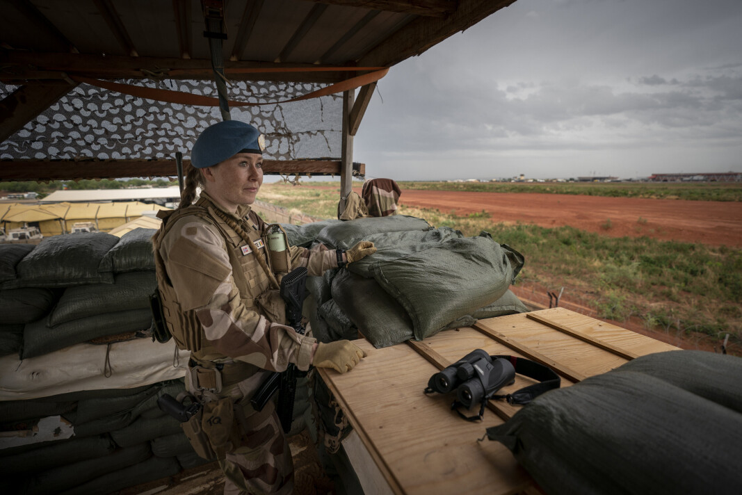 MINUSMA: En norsk FN-soldat på post i et vakttårn i Camp Bifrost. Hun er en del av den norske kontingenten som deltar i FNs fredsbevarende operasjon i Mali, MINUSMA. Bildet er fra 2019. MINUSMA: En norsk FN-soldat på post i et vakttårn i Camp Bifrost. Hun er en del av den norske kontingenten som deltar i FNs fredsbevarende operasjon i Mali, MINUSMA. Bildet er fra 2019.