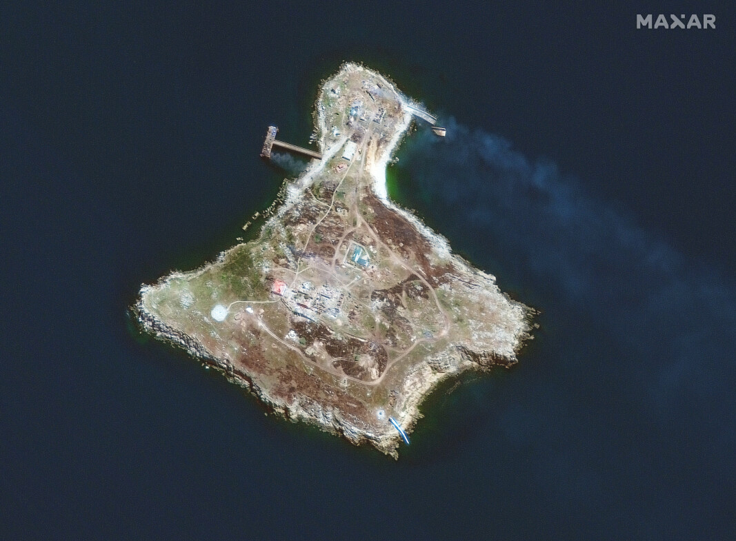 SLANGEØYA: Et satellittbildet viser den strategiske Slangeøya i Svartehavet utenfor Odesa, som Russland forlot torsdag 30.juni.
