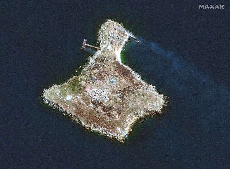 SLANGEØYA: Et satellittbildet viser den strategiske Slangeøya i Svartehavet utenfor Odesa, som Russland forlot torsdag 30.juni.