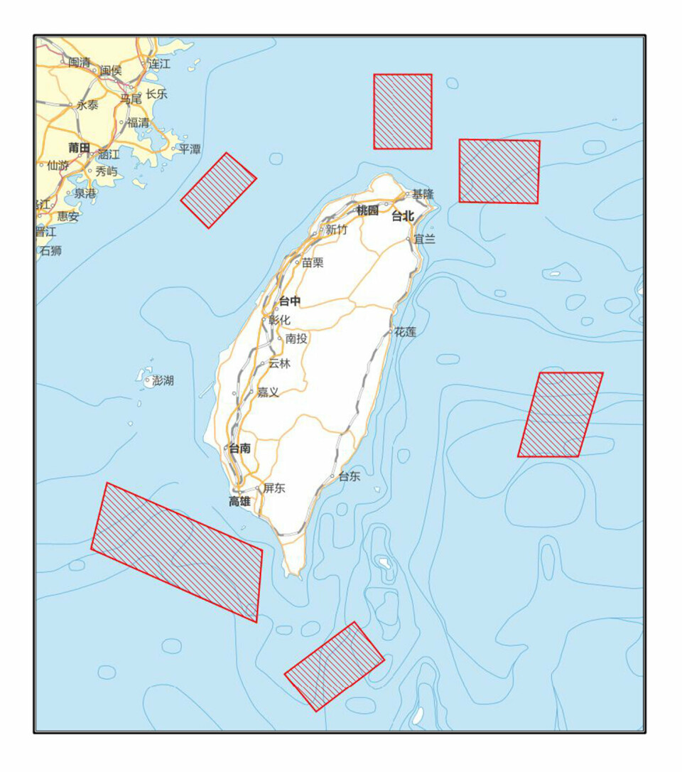 MILITÆRE ØVELSER: Kart som viser hvor det vil foregå militære øvelser rundt Taiwan fra. Områdene merket i rødt går inn i Taiwans farvann etter folkeretten.