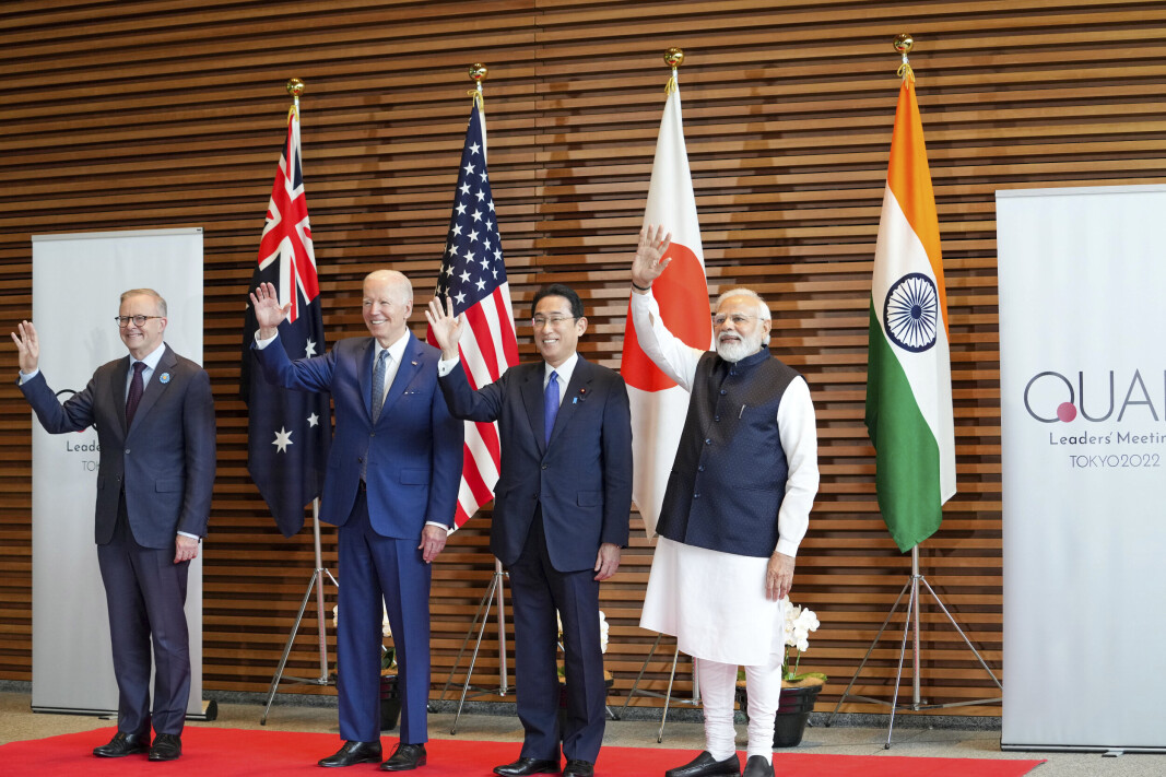 FIRERBANDEN: Ledere for Quadrilateral Security Dialogue (Quad) fra venstre, Australias statsminister Anthony Albanese, USAs president Joe Biden, Japans statsminister Fumio Kishida og Indias statsminister Narendra Modi. FIRERBANDEN: Ledere for Quadrilateral Security Dialogue (Quad) fra venstre, Australias statsminister Anthony Albanese, USAs president Joe Biden, Japans statsminister Fumio Kishida og Indias statsminister Narendra Modi.