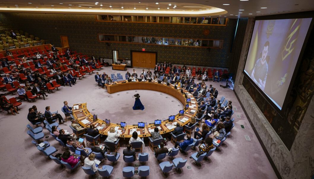 TALER: Ukrainas president Volodymyr Zelenskyj talte i en videomelding under et møte i FNs sikkerhetsråd i New York onsdag.