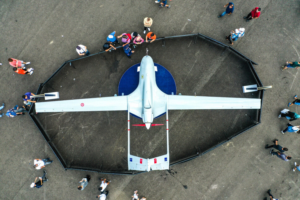 DRONE: En Bayraktar TB2 vises frem under våpenmessen Teknofest i Samsun i TYrkia i august.