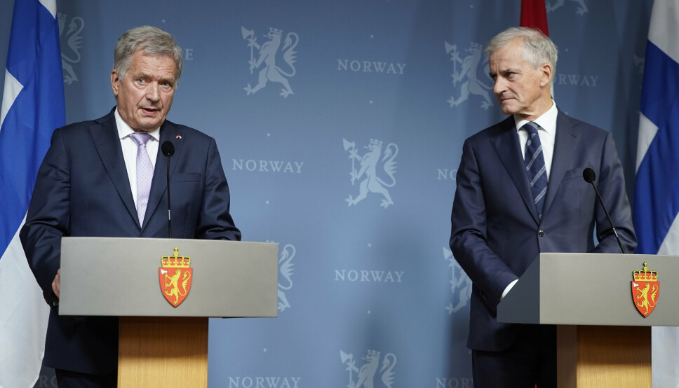 NORDISK SAMRBEID: Pressekonferanse med Finlands President Sauli Niinistö og statsminister Jonas Gahr Støre etter et møte i statsministerboligen 10. oktober 2022 .