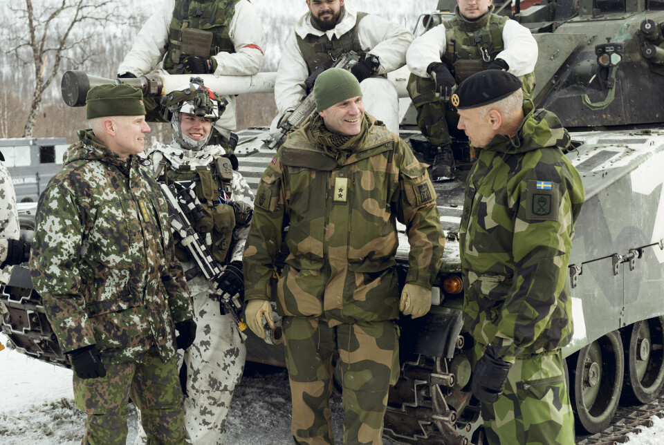 NATO: Pasi Välimäki, sjef for den finske Hæren, Lars Lervik, sjef for den norske Hæren og Karl Lorentz Engelbrekt Engelbrektson, sjef for den svenske Hæren møtes i Målselv i Troms under NATO-øvelsen Cold Response 2022.