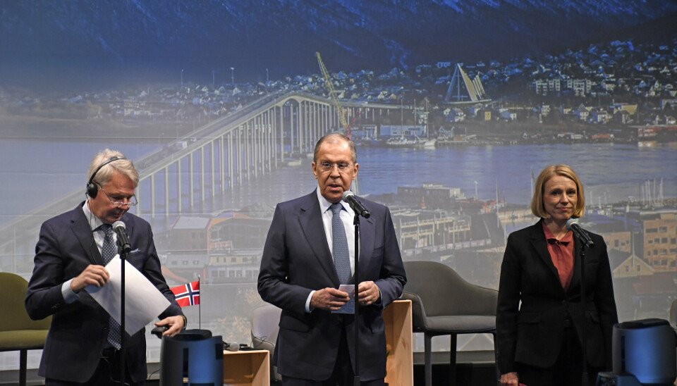 TROMSØ: Barentsråds-møte i Tromsø 2021, utenriksminister Anniken Huitfeldt sammen med Russlands utenriksmister Sergej Lavrov og Finlands utenriksminister Pekka Haavisto.